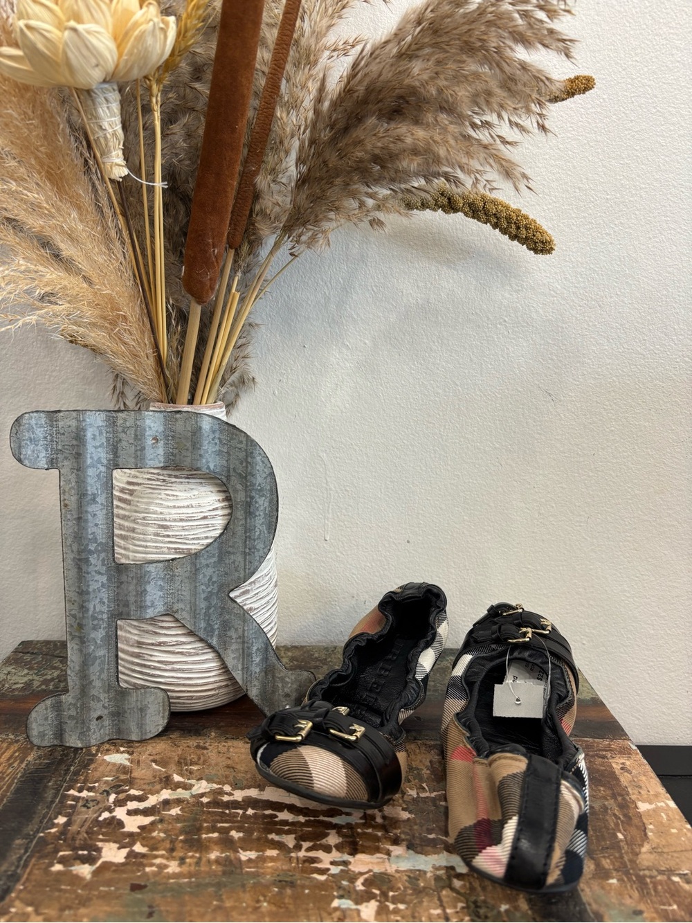 Burberry Black & Beige Check Ballet Flats with Gold Hardware